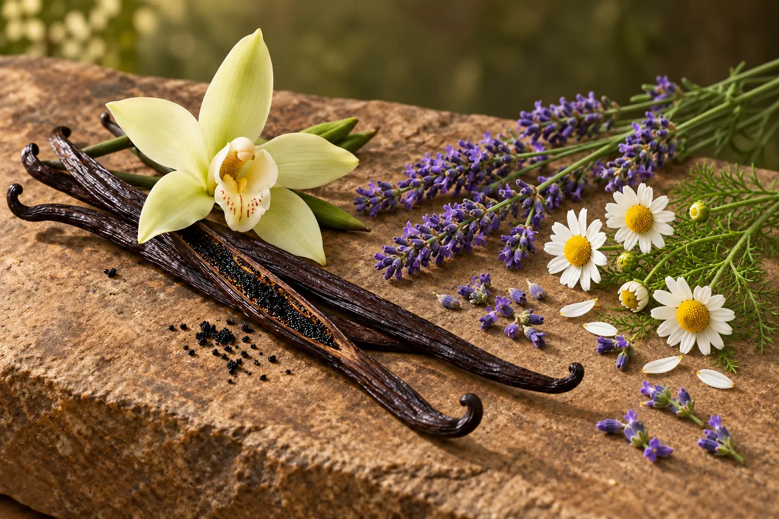 Vanilla pods, lavender and chamomile on natural stone