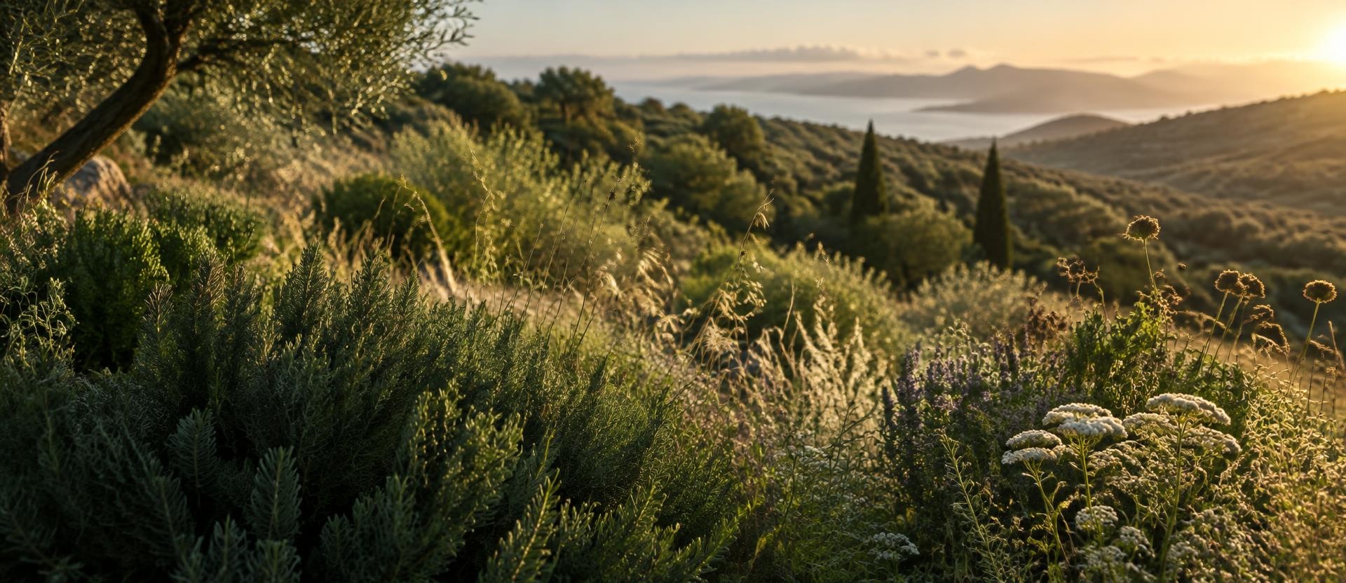Olive-green botanical landscape with layered foliage and seed heads in soft light